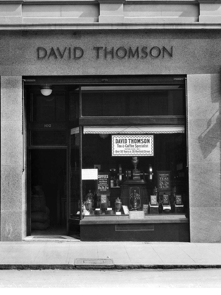 David Thomson's shop window at 102 St Vincent Street in 1931, with a sign for over 50 years at 35 Renfield Street