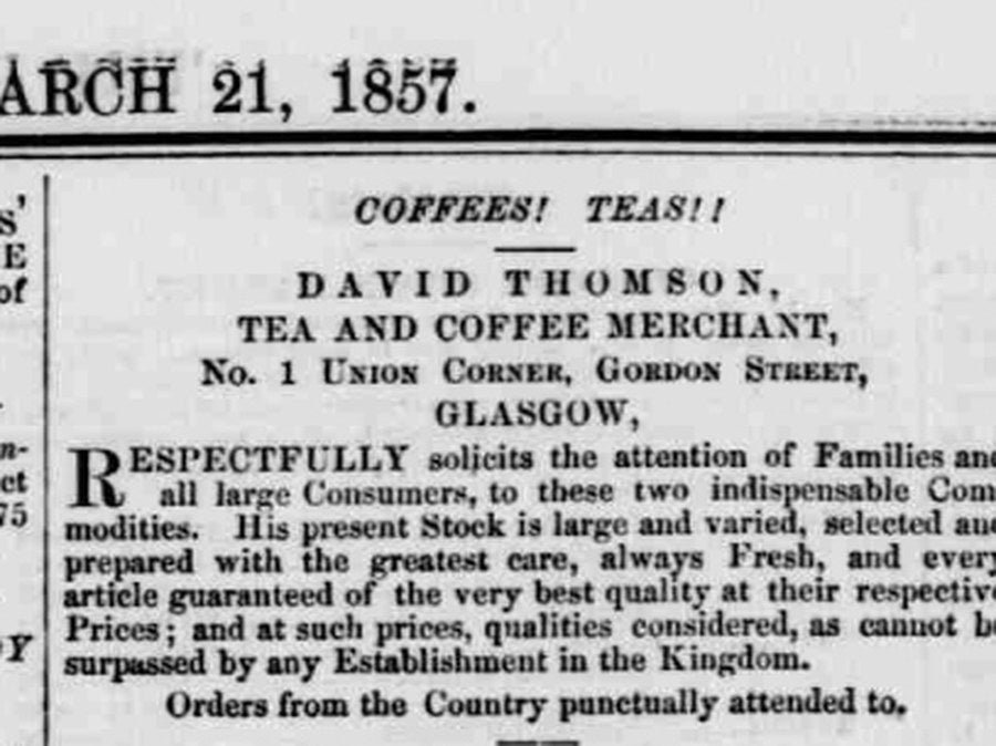 David Thomson's 1857 advert at 1 Union Corner, Gordon Street