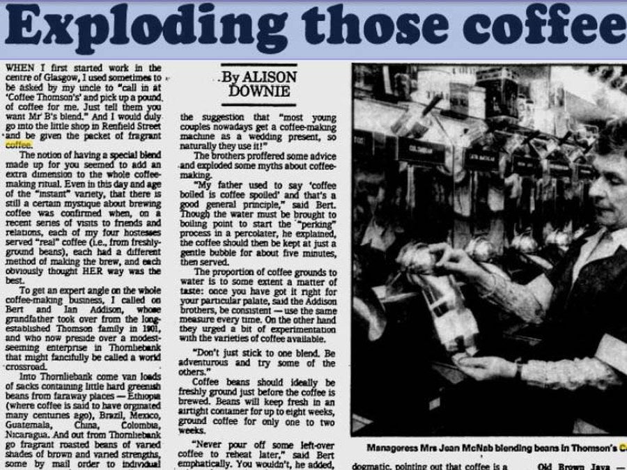 Newspaper feature on Thomson's coffee shop, Renfield Street