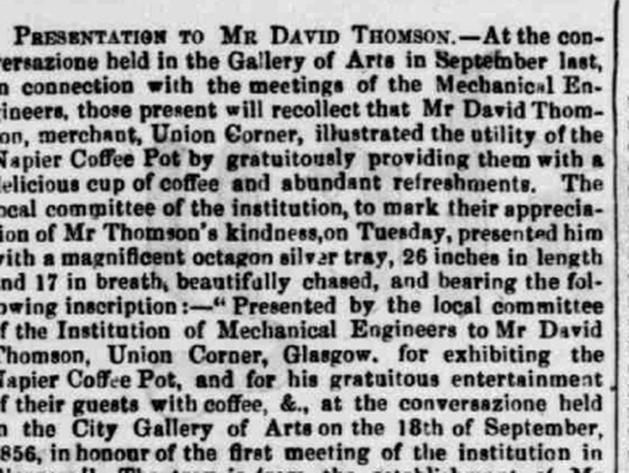 1856 newspaper report of the silver tray presented to David Thomson