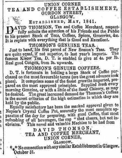 1856 newspaper advert for Thomson's teas and coffees