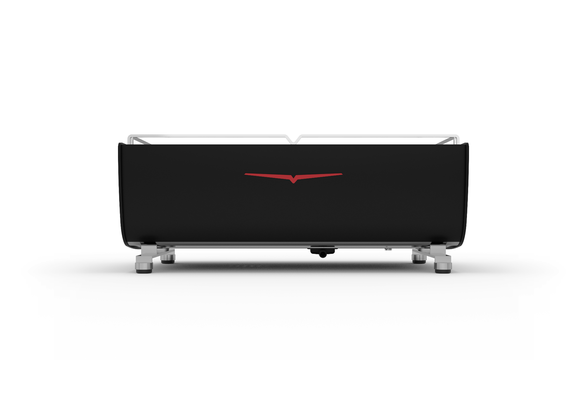Black coffee machine with a red logo on a white background
