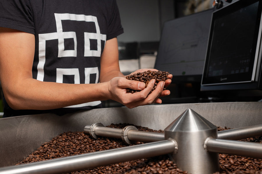 Our roaster checking a handful of freshly roasted beans