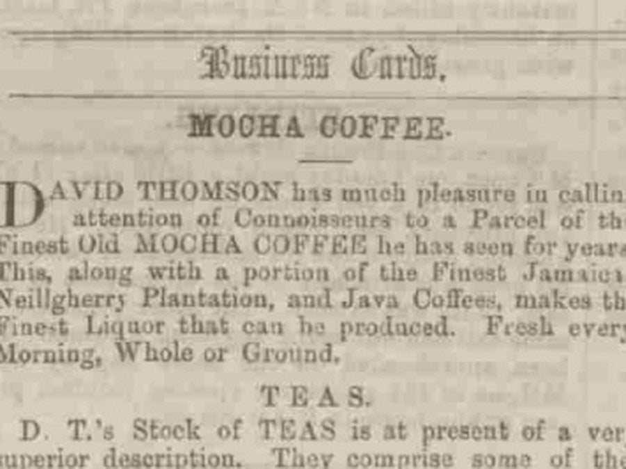 David Thomson's 1867 advert for Mocha coffee