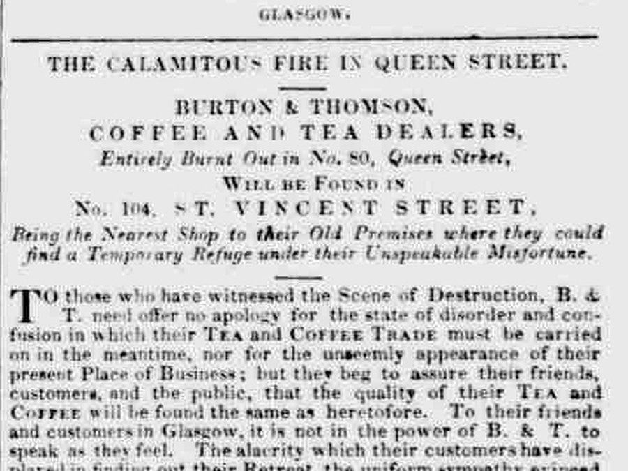 1847 newspaper notice from Burton & Thomson after the Queen Street fire