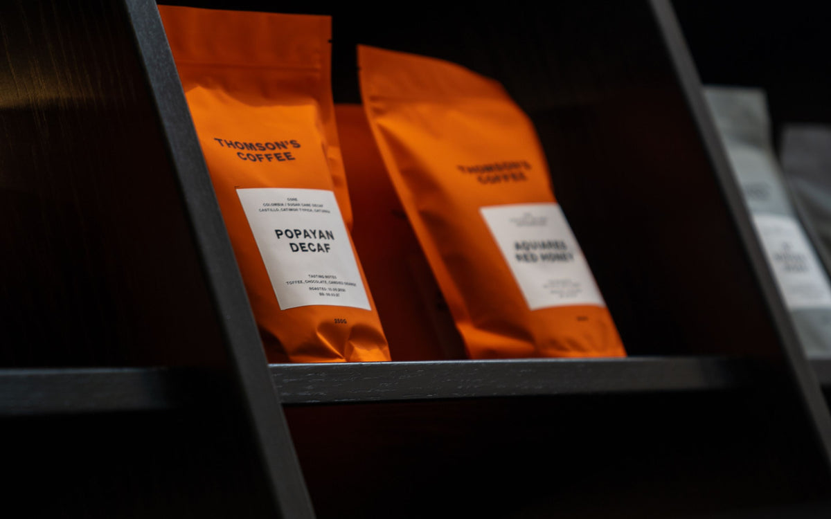 Thomson's Coffee bags on a shop shelf
